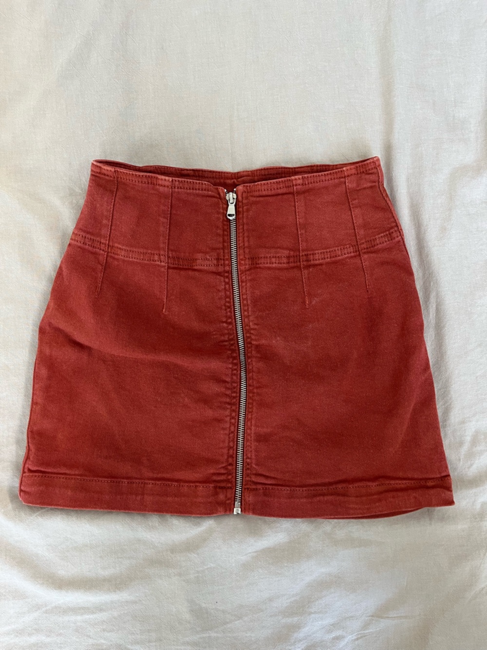 Free People Rust Orange Zip-Front Mini Denim Skirt